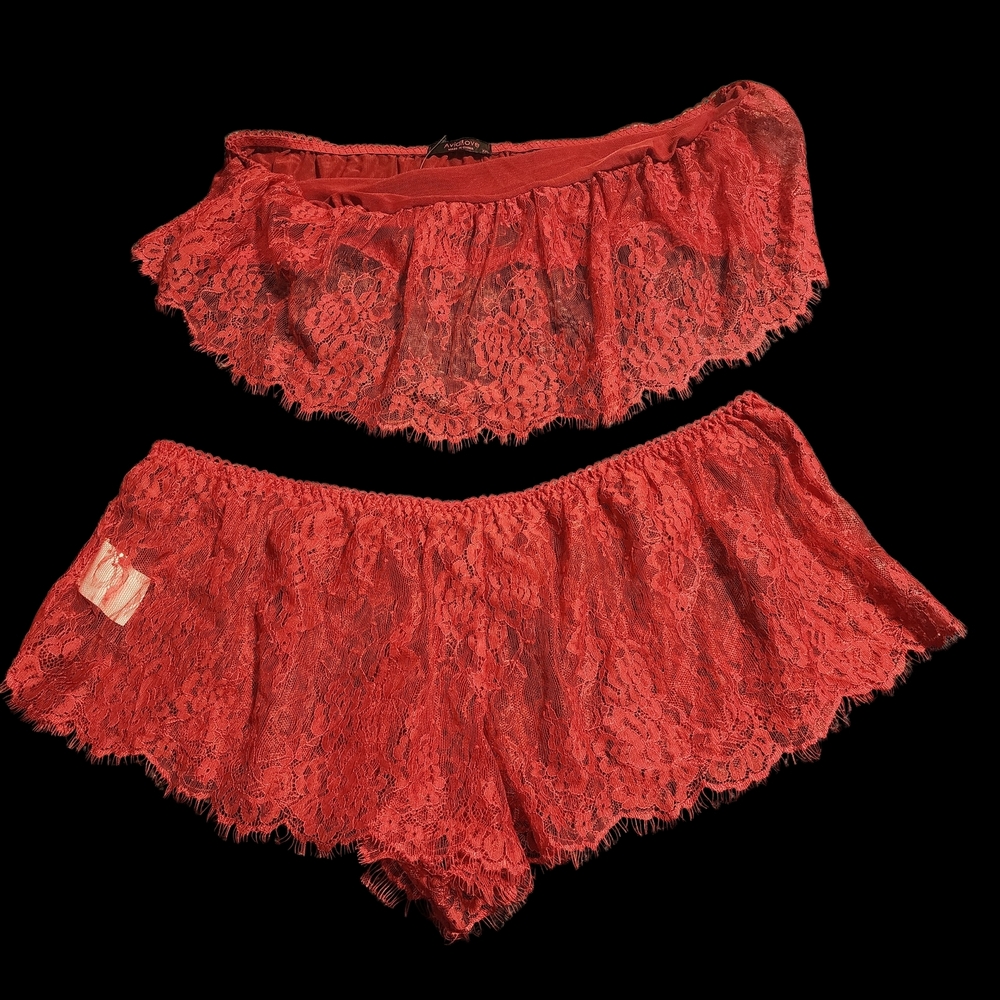 Sheer Lace Two-Piece Intimates Set in Red